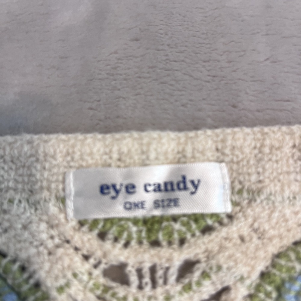Y2K Granny Square Sweater Womens OS Cream Semi Crop Cardigan Boho Cottagecore - Picture 7 of 9